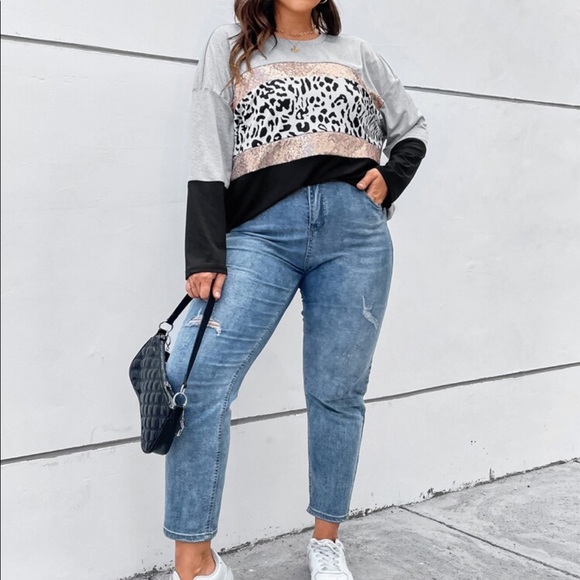 Plus Leopard Print Contrast Sequin Drop Shoulder Tee T Shirt Top Blouse - Picture 5 of 5